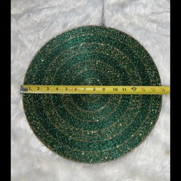 NWT TWO Green & Gold Christmas Holiday Bead Embellished Placemat Chargers - Picture 6 of 6